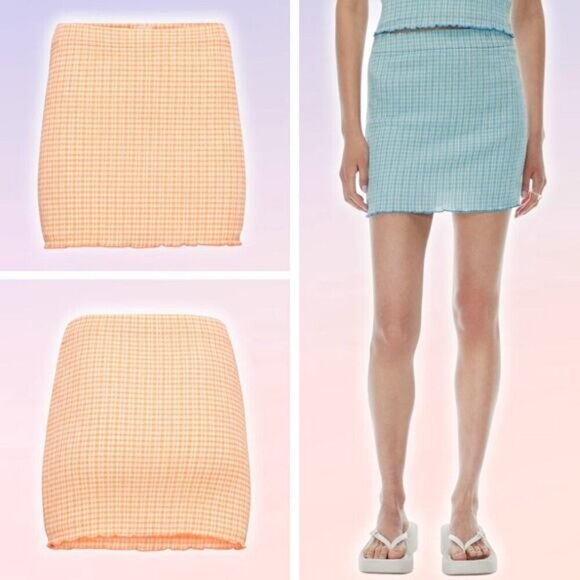 WILFRED Aritzia Reunion Seersucker High-Waisted Tube Skirt Size Medium Orange - Picture 1 of 8